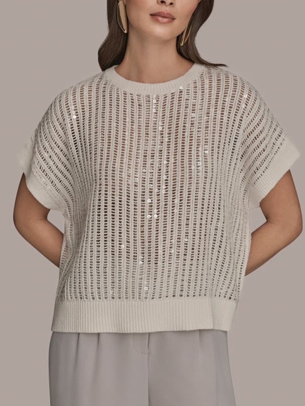 Donna Karan Oyster Cream Open Knit Sequined Sweater Dolman Sleeves Size Medium
